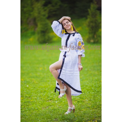 Boho Style Ukrainian Embroidered Assimetric Dress Flowers White with Yellow/Black Embroidery